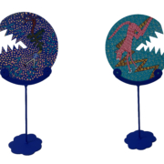 Pac-raña 2, 2023. Acrylic on aluminum composite material and metal, 23 x 11 x 11 inches.